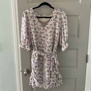 Beige Cream Blue Floral Tie Front Ruched Puff Sleeve Mini Dress